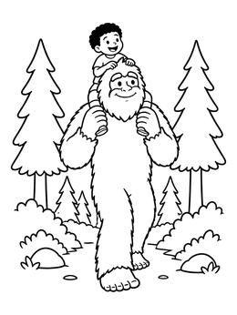 Free printable Friendly Bigfoot Carrying Boy On Shoulders coloring page