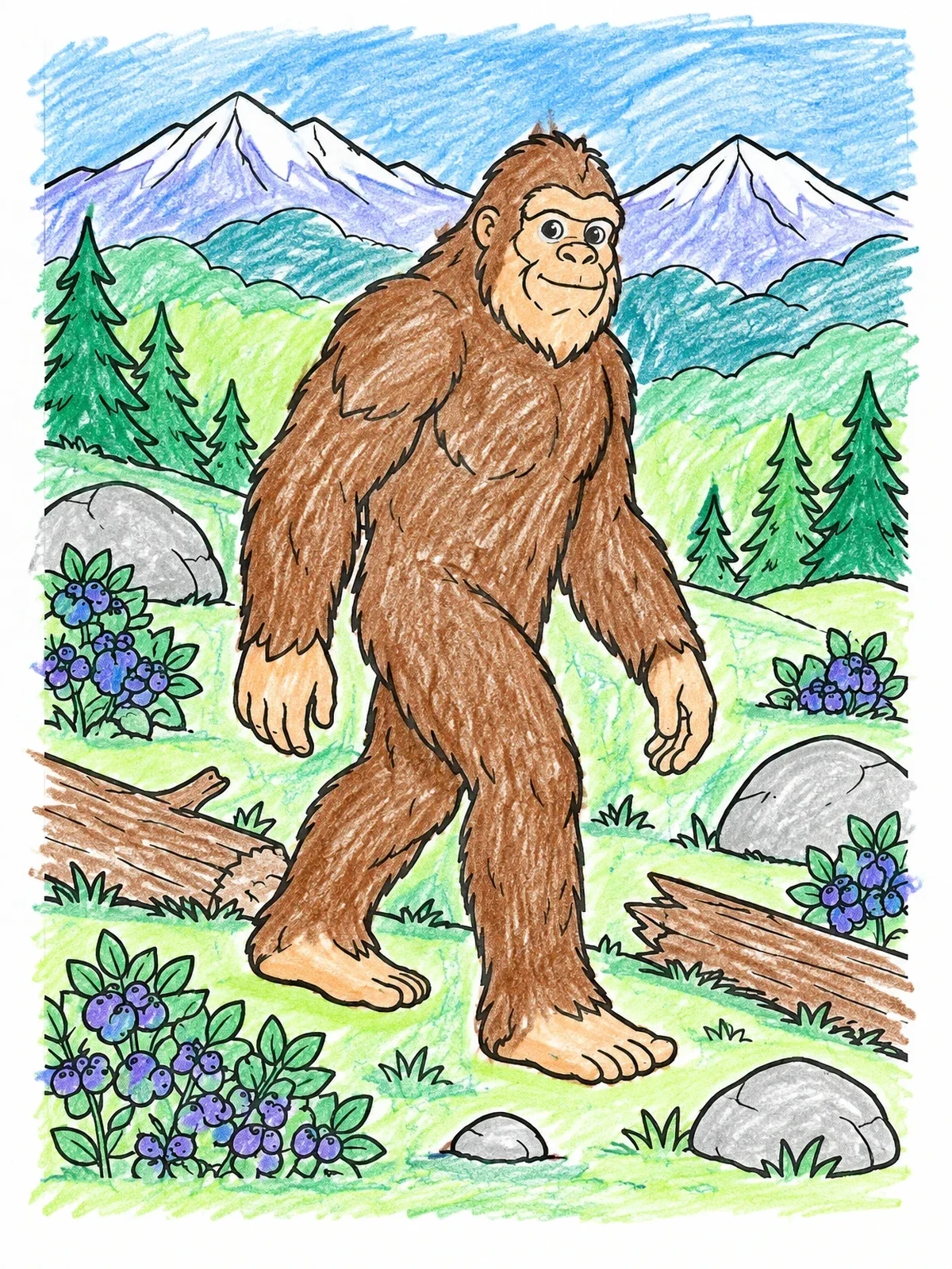 Colored example of the Friendly Bigfoot On Mountain Trail coloring page