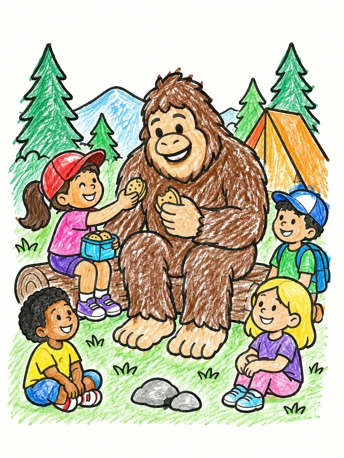 Colored example of the Friendly Bigfoot Sharing Snacks With Campers coloring page