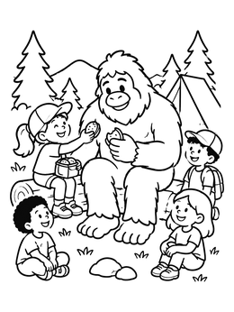 Happy children sharing cookies with a friendly creature in this bigfoot coloring page.