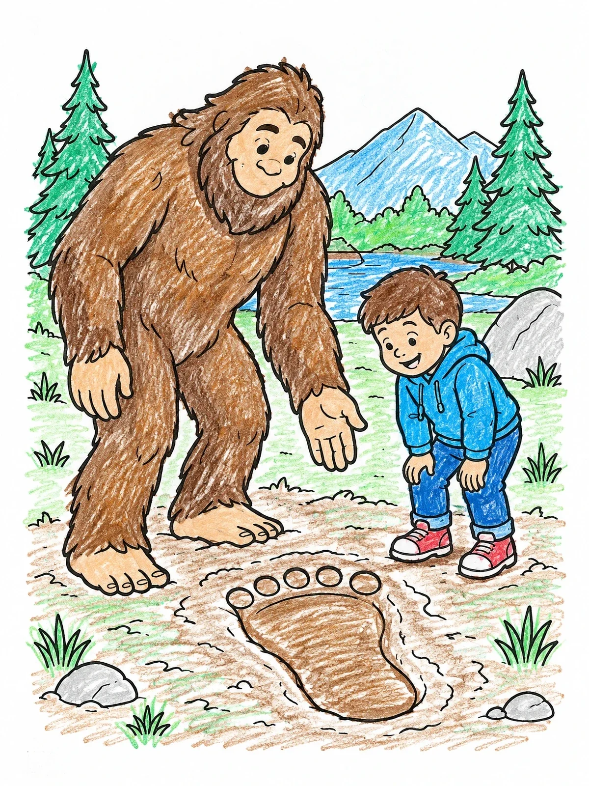 Colored example of the Bigfoot Showing Giant Footprint To Child coloring page