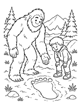 Free printable Bigfoot Showing Giant Footprint To Child coloring page