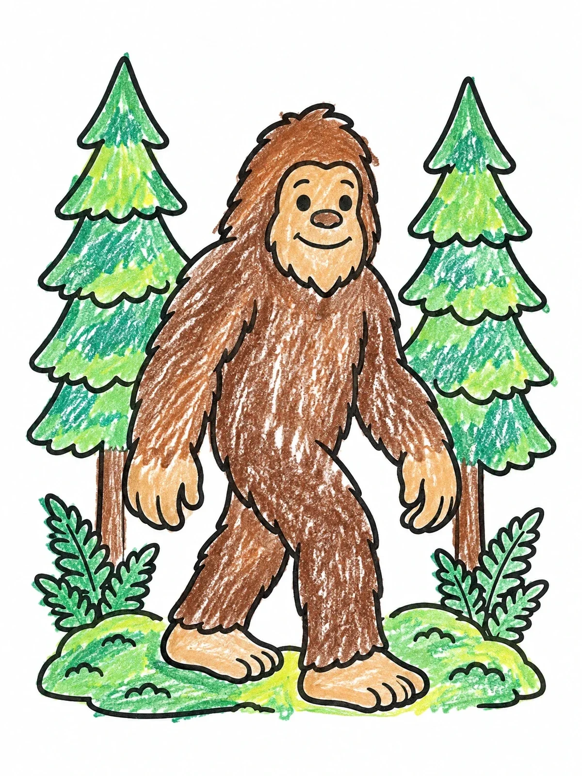 Colored example of the Friendly Bigfoot In The Forest coloring page