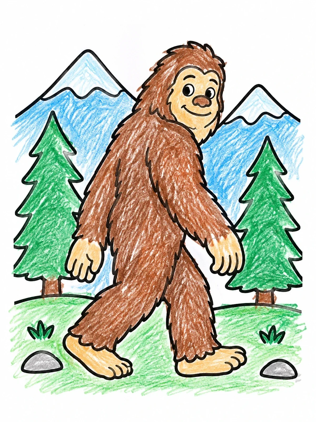 Colored example of the Friendly Bigfoot Walking In The Woods coloring page