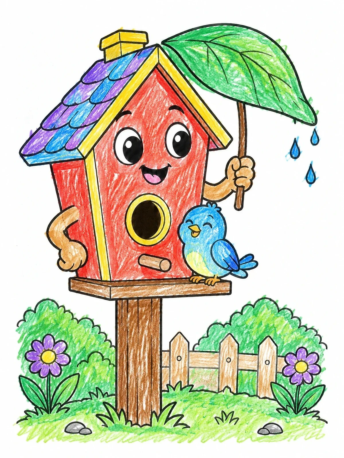 Colored example of the Friendly Birdhouse Holding Leaf Umbrella coloring page