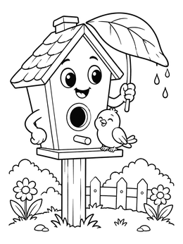 Free printable Friendly Birdhouse Holding Leaf Umbrella coloring page