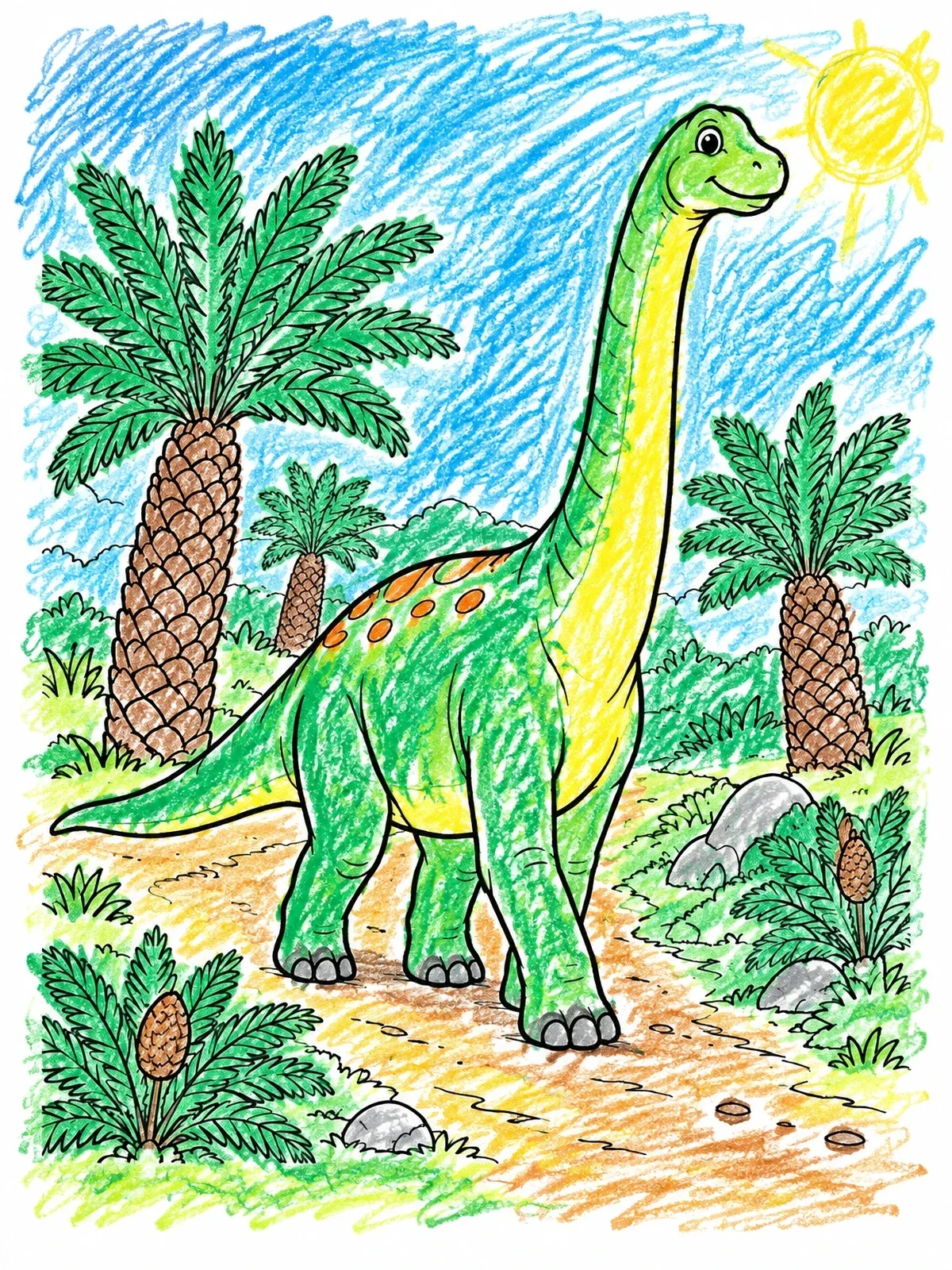 Colored example of the Friendly Brachiosaurus On A Prehistoric Trail coloring page