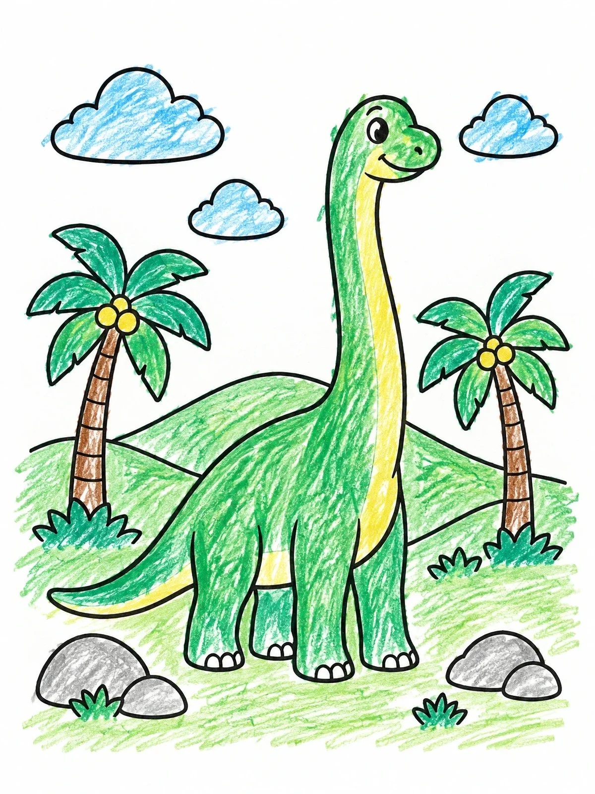 Colored example of the Friendly Brachiosaurus In Tropical Landscape coloring page