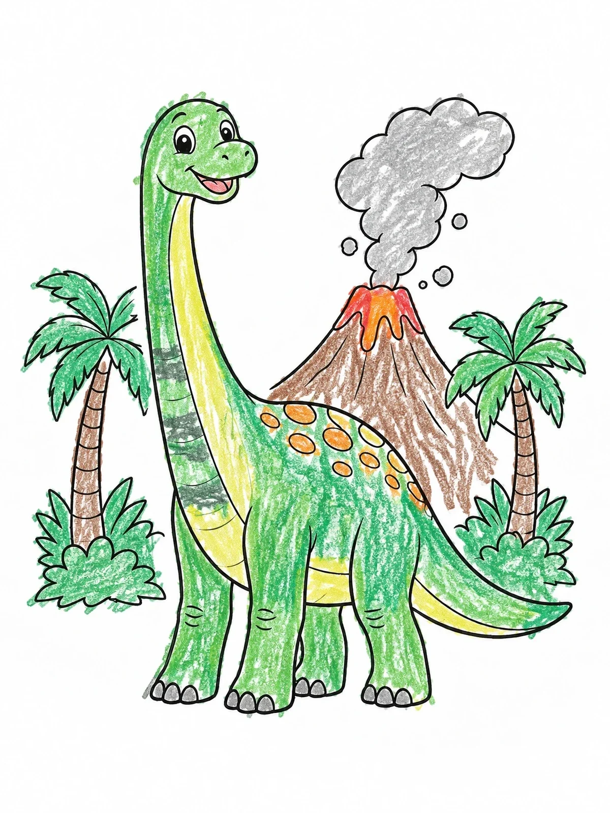 Colored example of the Friendly Brontosaurus Near Smoking Volcano coloring page