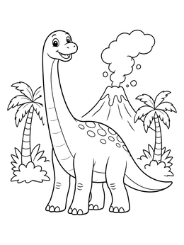 Free printable Friendly Brontosaurus Near Smoking Volcano coloring page