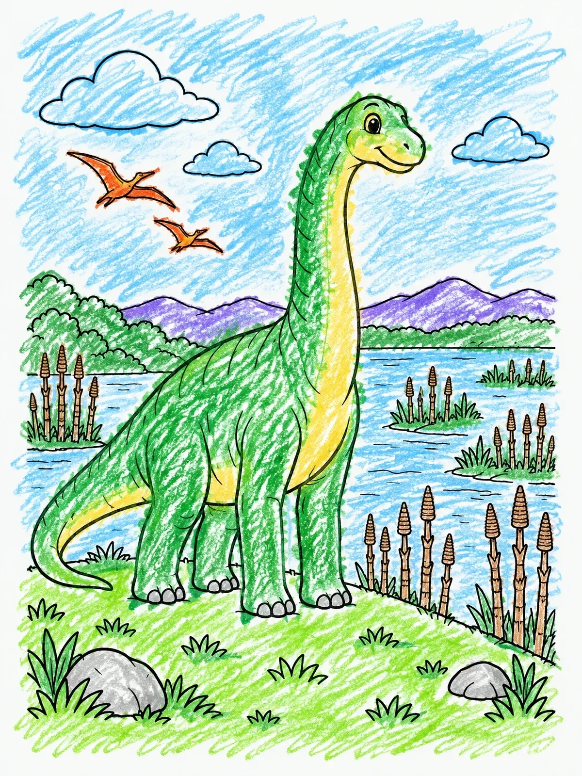Colored example of the Friendly Brontosaurus By The Prehistoric Lake coloring page