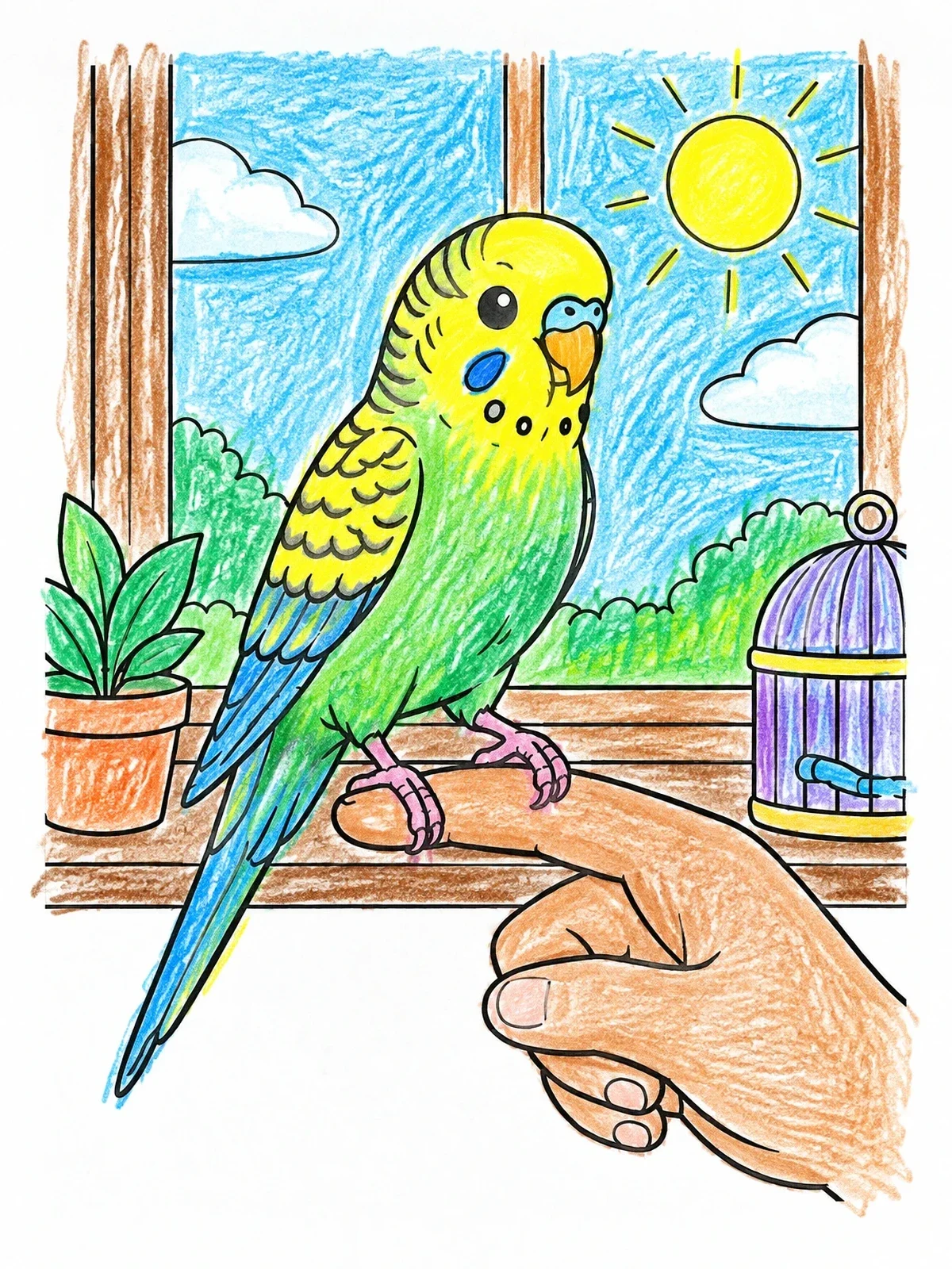 Colored example of the Friendly Budgie Perched On A Finger coloring page