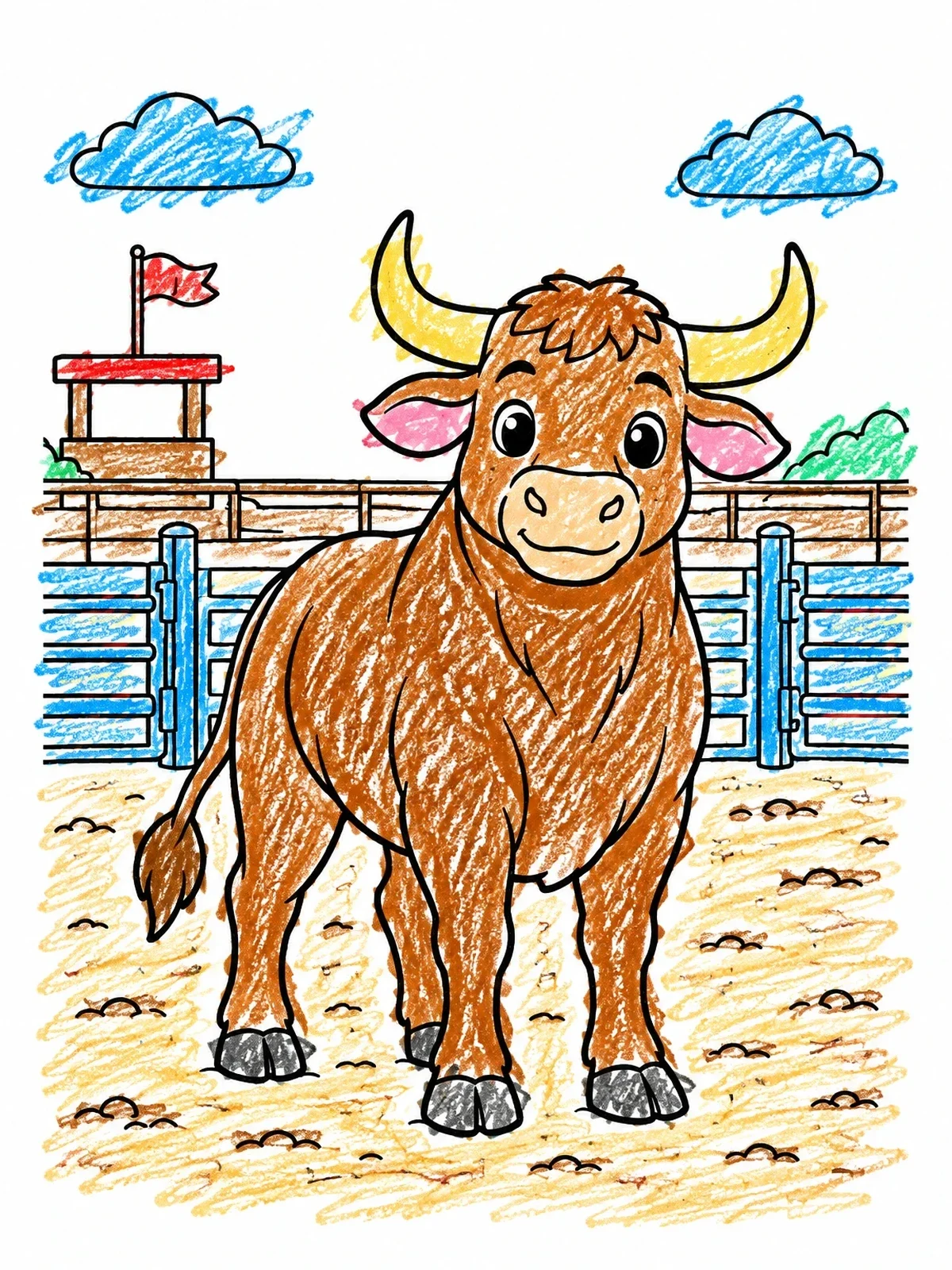 Colored example of the Friendly Bull In The Rodeo Arena coloring page