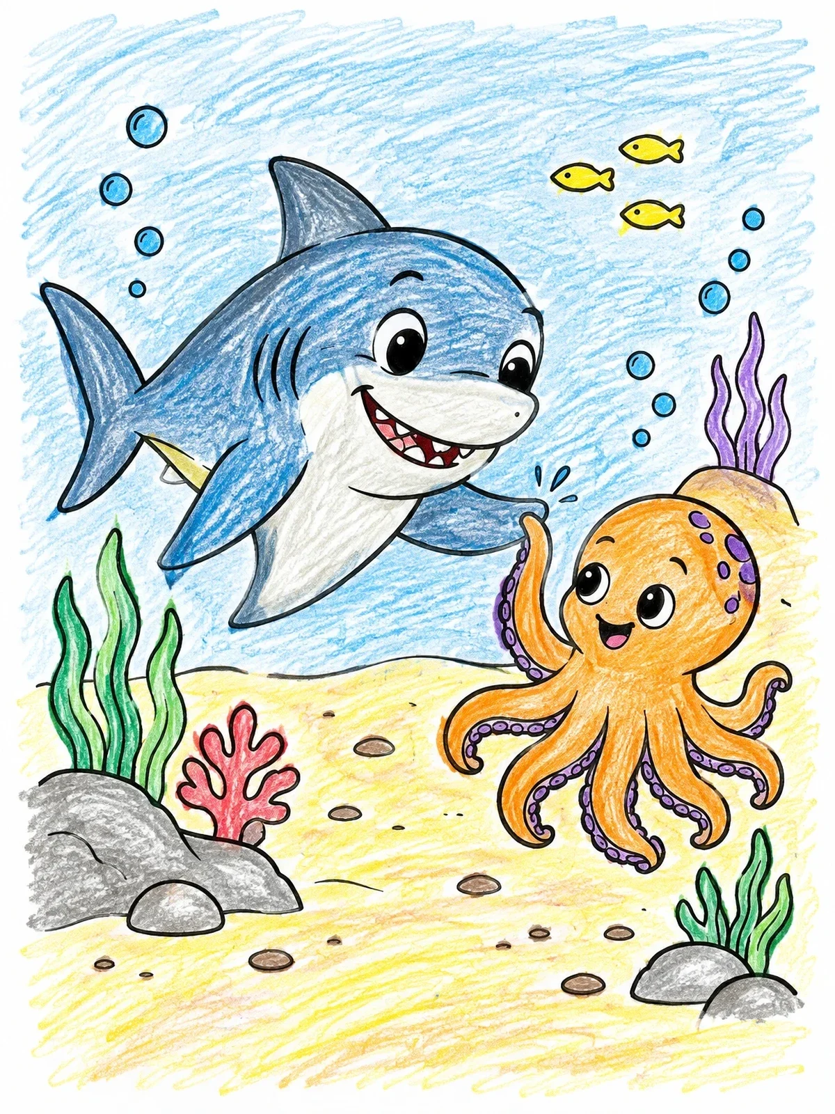 Colored example of the Friendly Bull Shark And Octopus High Five coloring page