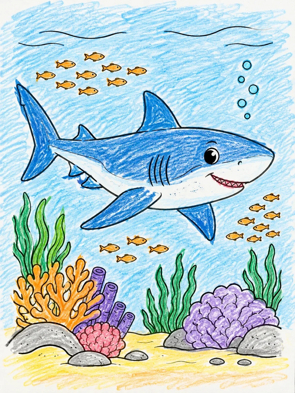 Colored example of the Friendly Bull Shark Over Coral Reef coloring page