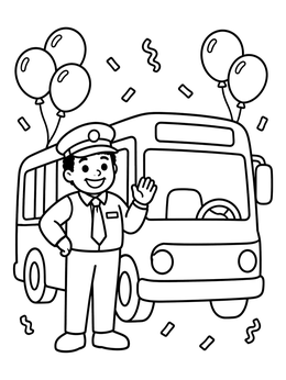 Free printable Friendly Bus Driver With Party Balloons coloring page