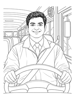 A friendly bus driver coloring page showing him smiling behind the steering wheel.