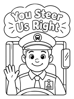 Free printable Friendly Bus Driver Waving Behind Wheel coloring page