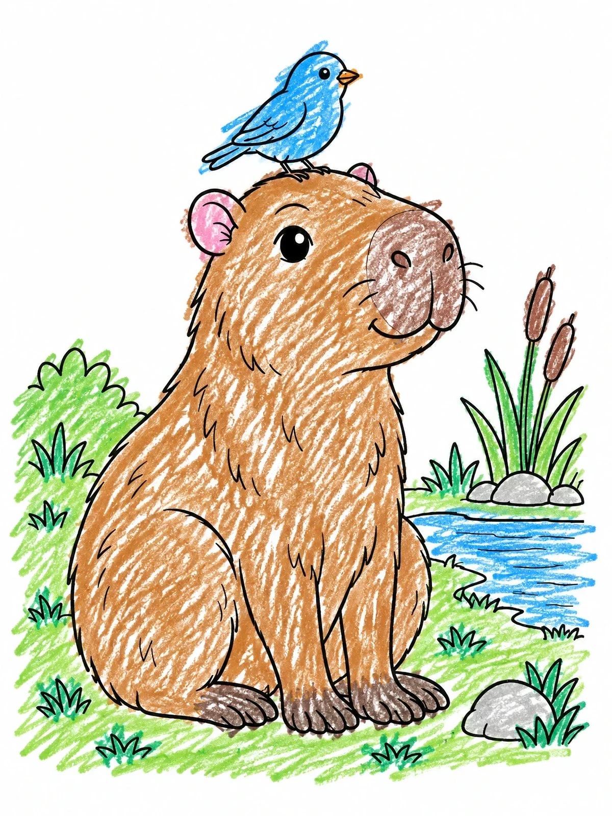 Colored example of the Friendly Capybara With Little Bird coloring page