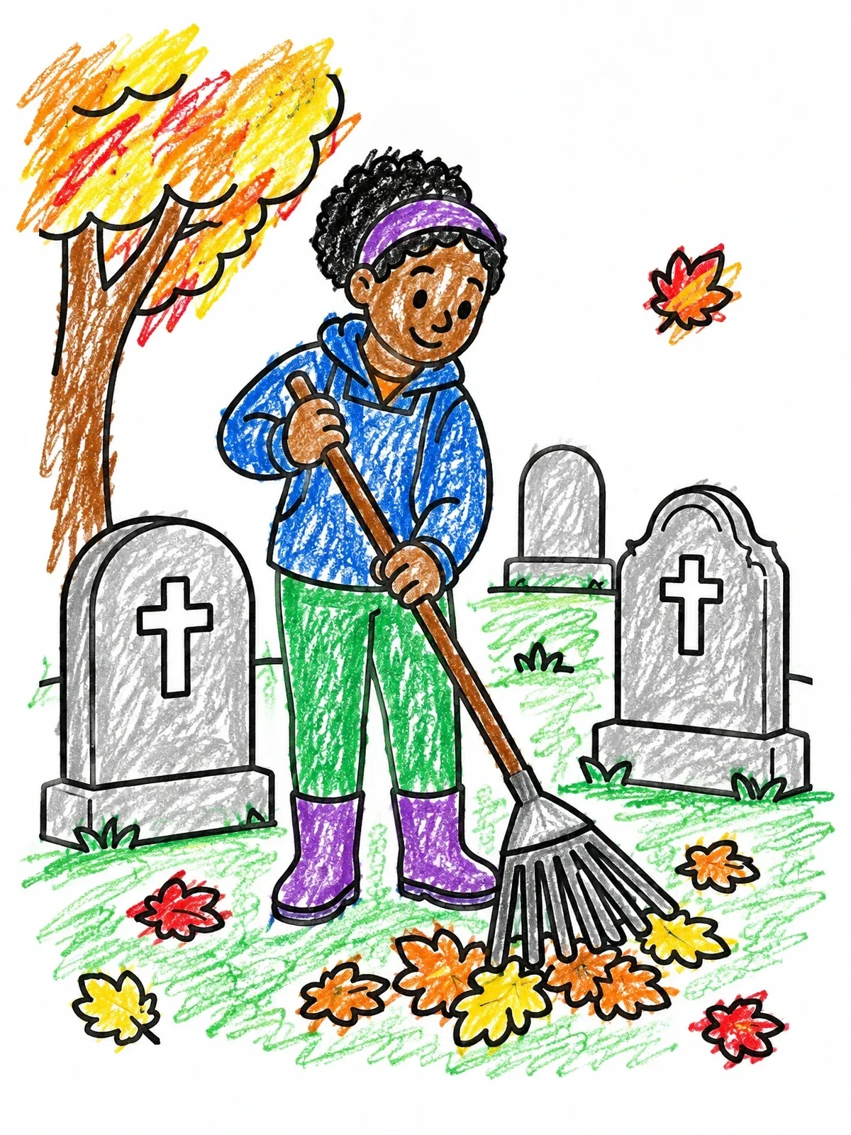 Colored example of the Friendly Caretaker Raking Autumn Leaves coloring page