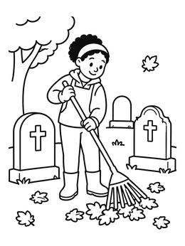 Free printable Friendly Caretaker Raking Autumn Leaves coloring page