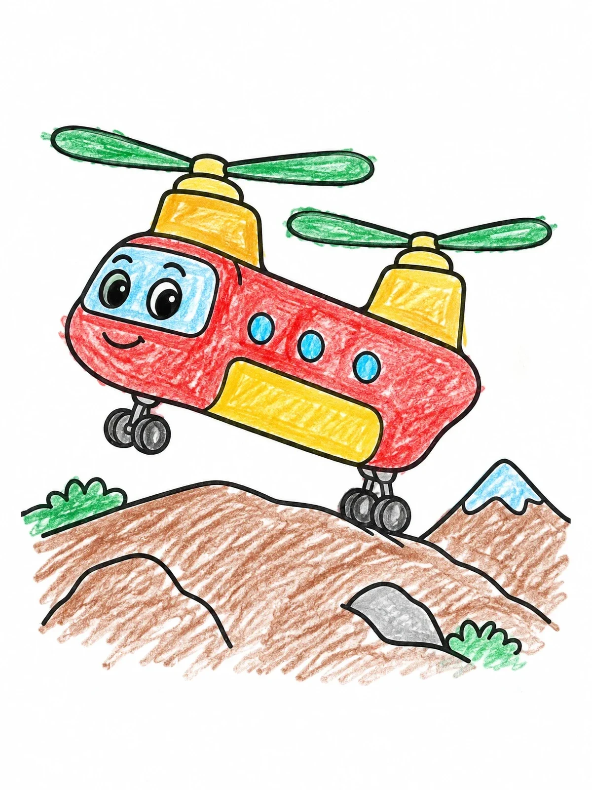 Colored example of the Friendly Cargo Helicopter On Mountain Ridge coloring page