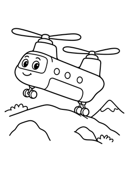 A smiling tandem-rotor helicopter coloring page touching down on a mountain ridge.