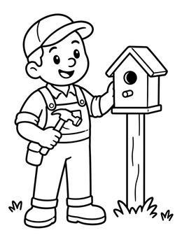 Free printable Friendly Carpenter With Wooden Birdhouse coloring page