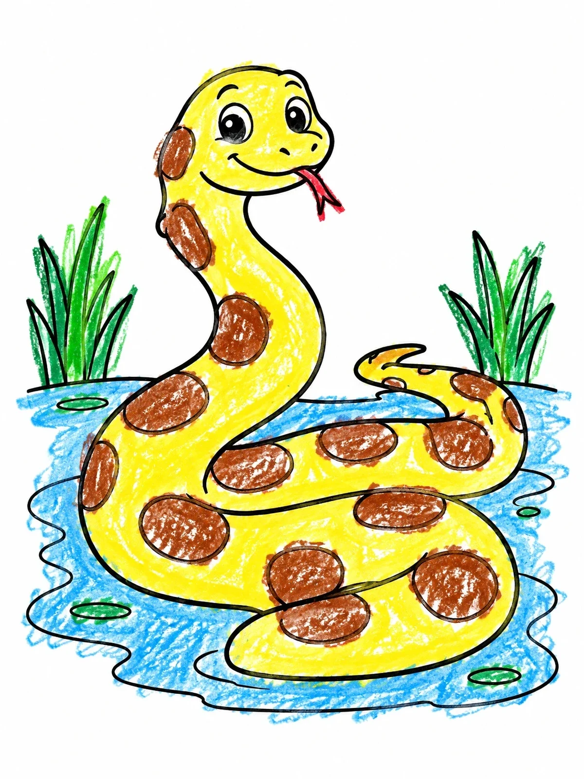 Colored example of the Friendly Cartoon Anaconda In Swamp coloring page