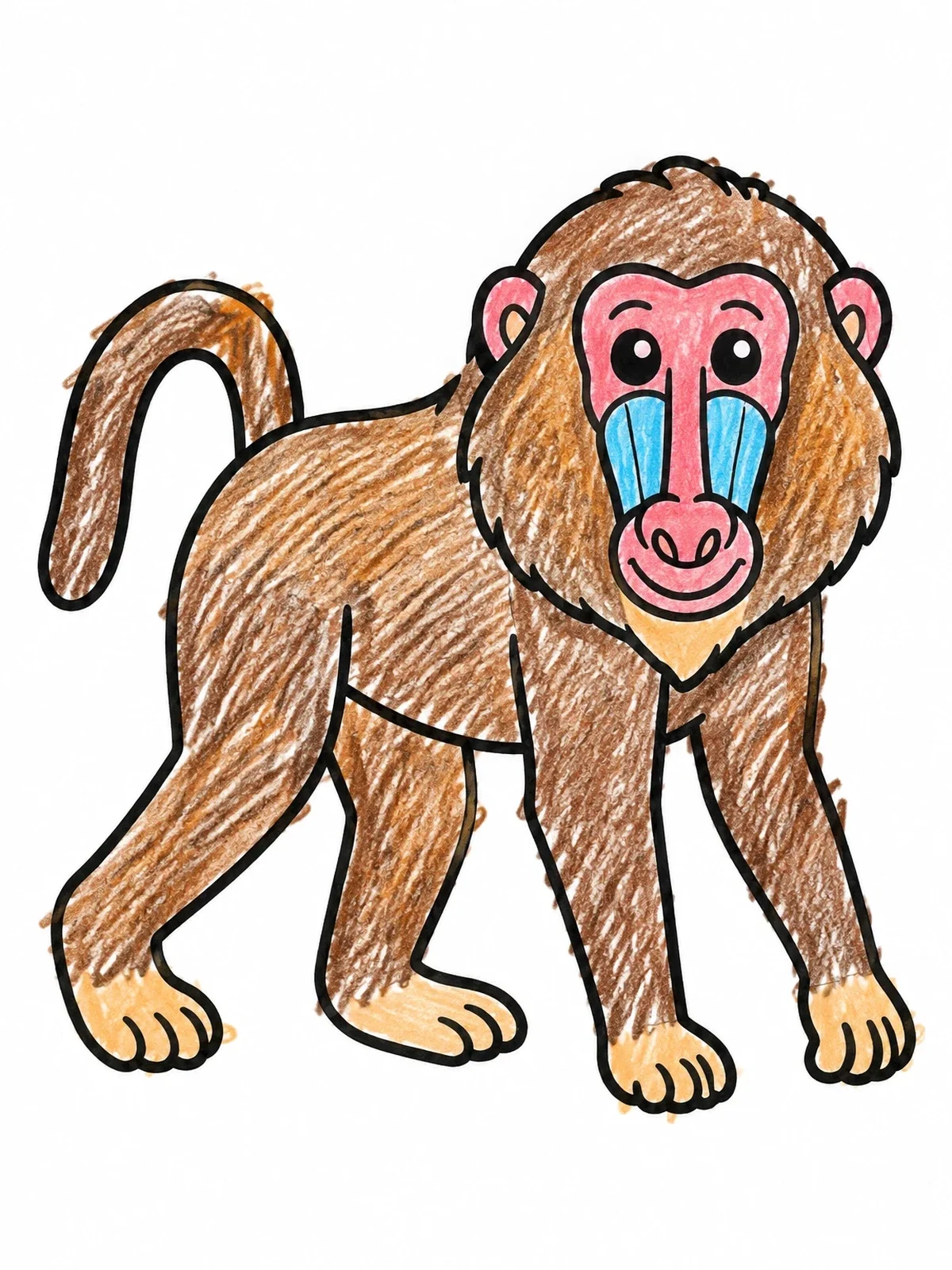 Colored example of the Friendly Cartoon Baboon Walking coloring page