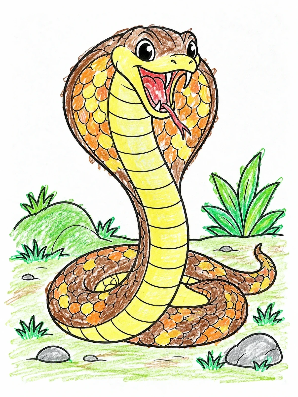 Colored example of the Friendly Cartoon Cobra In Nature coloring page