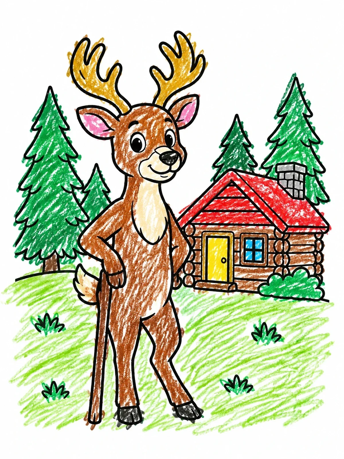 Colored example of the Friendly Cartoon Deer By A Log Cabin coloring page