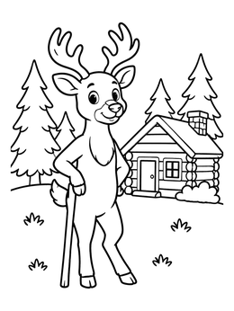 A friendly buck stands on two legs near a log cabin in this deer coloring page.