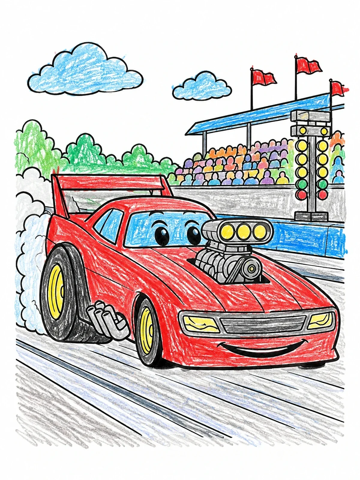 Colored example of the Friendly Cartoon Dragster On The Track coloring page