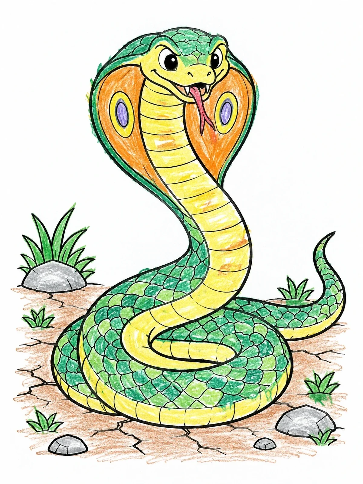 Colored example of the Friendly Cartoon King Cobra coloring page