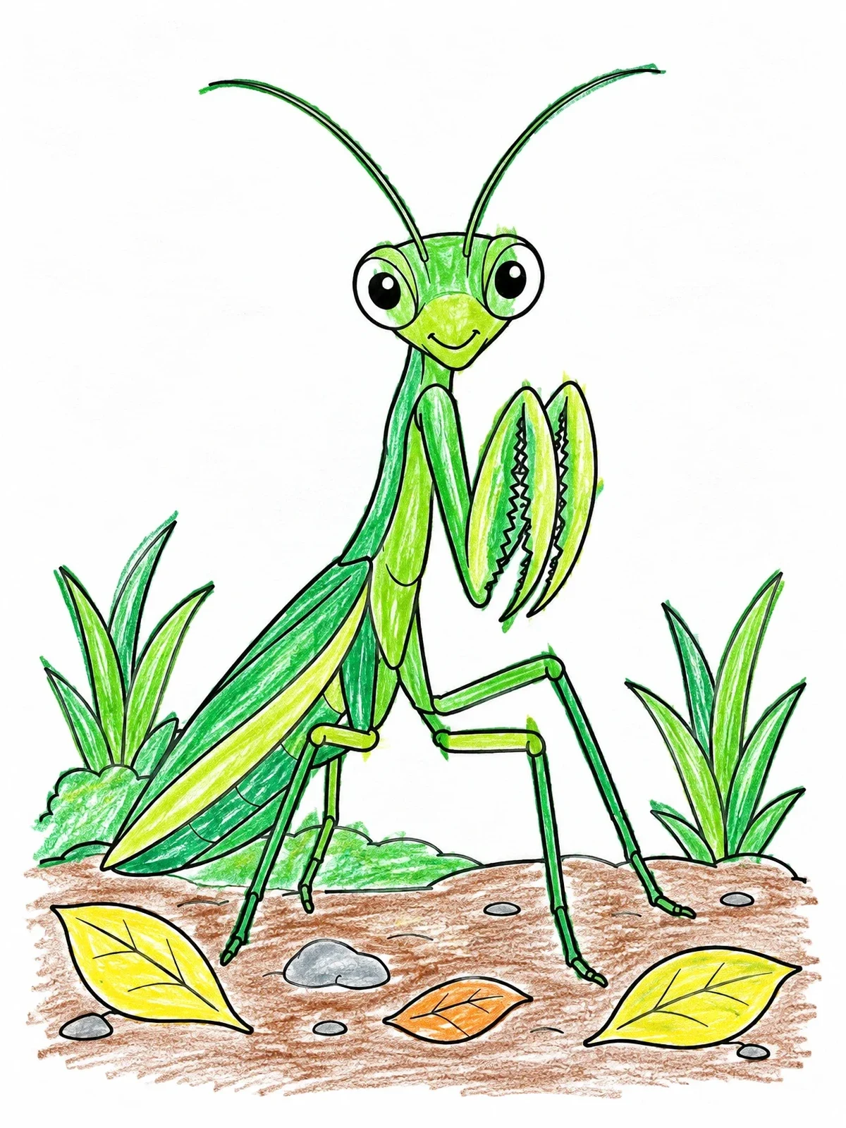 Colored example of the Friendly Cartoon Praying Mantis coloring page