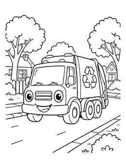A cheerful cartoon recycling truck on this recycling coloring page.