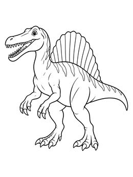 A friendly cartoon spinosaurus coloring page with sharp claws and a tall fin sail.