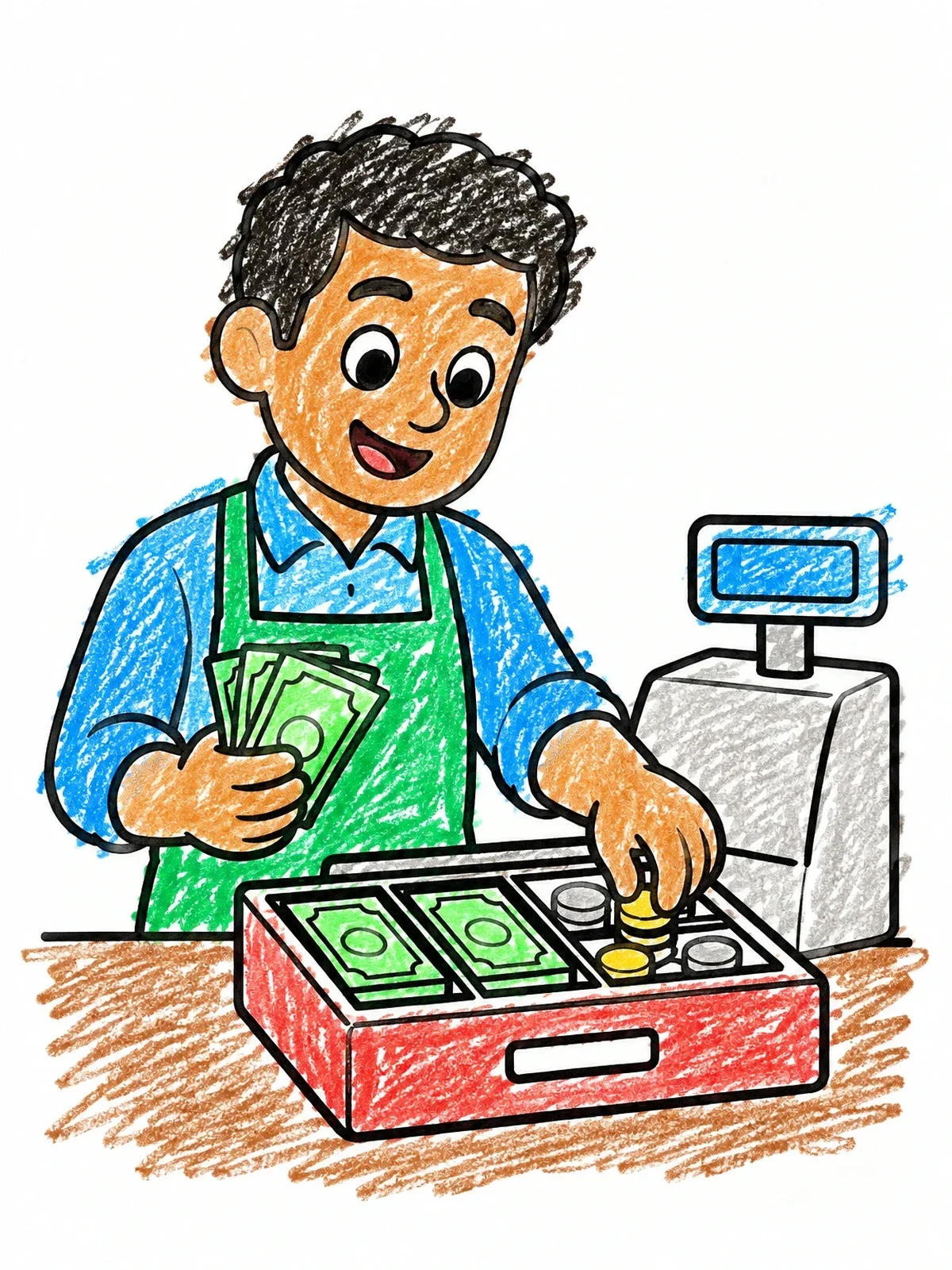 Colored example of the Friendly Cashier Counting Money coloring page