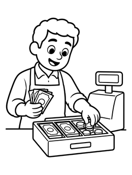 Free printable Friendly Cashier Counting Money coloring page