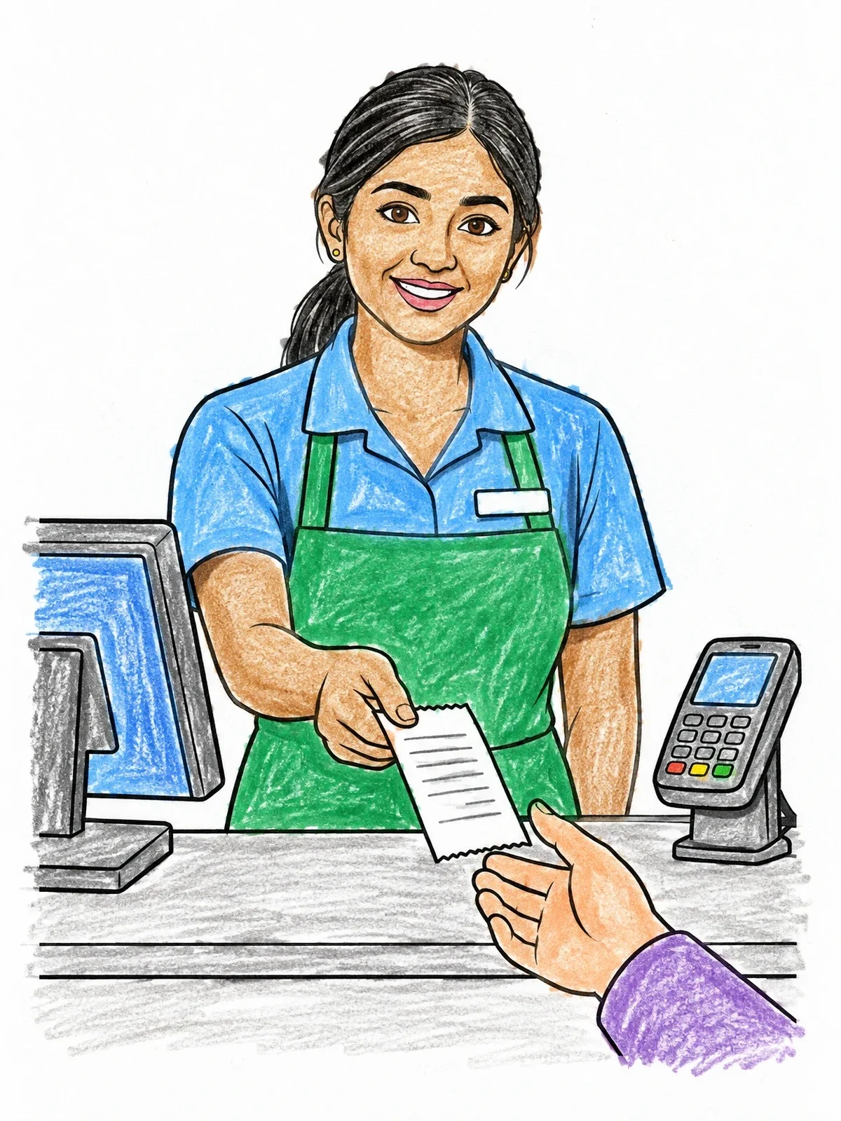 Colored example of the Friendly Cashier Handing Over Receipt coloring page