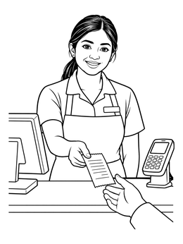 A smiling store worker in this cashier coloring page gives a paper receipt to a shopper.