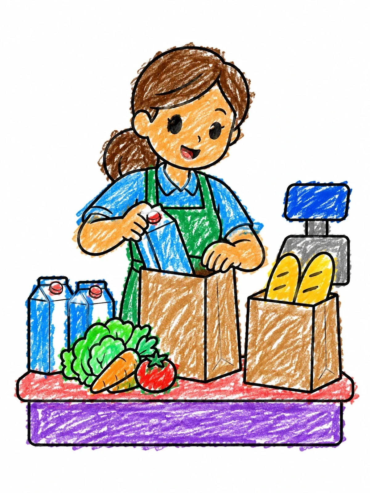 Colored example of the Friendly Cashier Packing Groceries coloring page