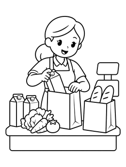 Free printable Friendly Cashier Packing Groceries coloring page
