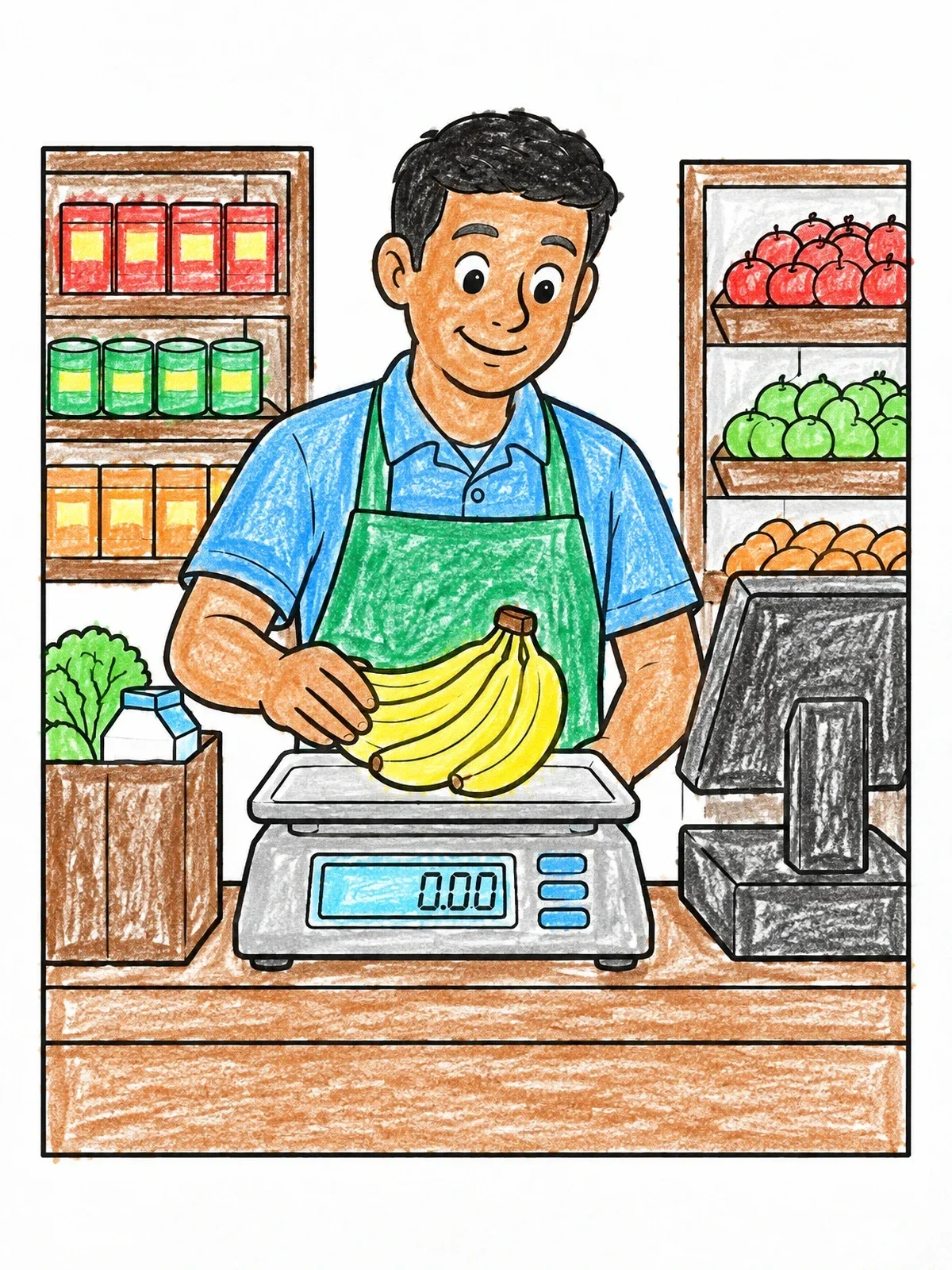 Colored example of the Friendly Cashier Weighing Bananas coloring page