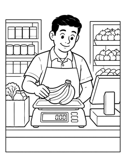 Free printable Friendly Cashier Weighing Bananas coloring page