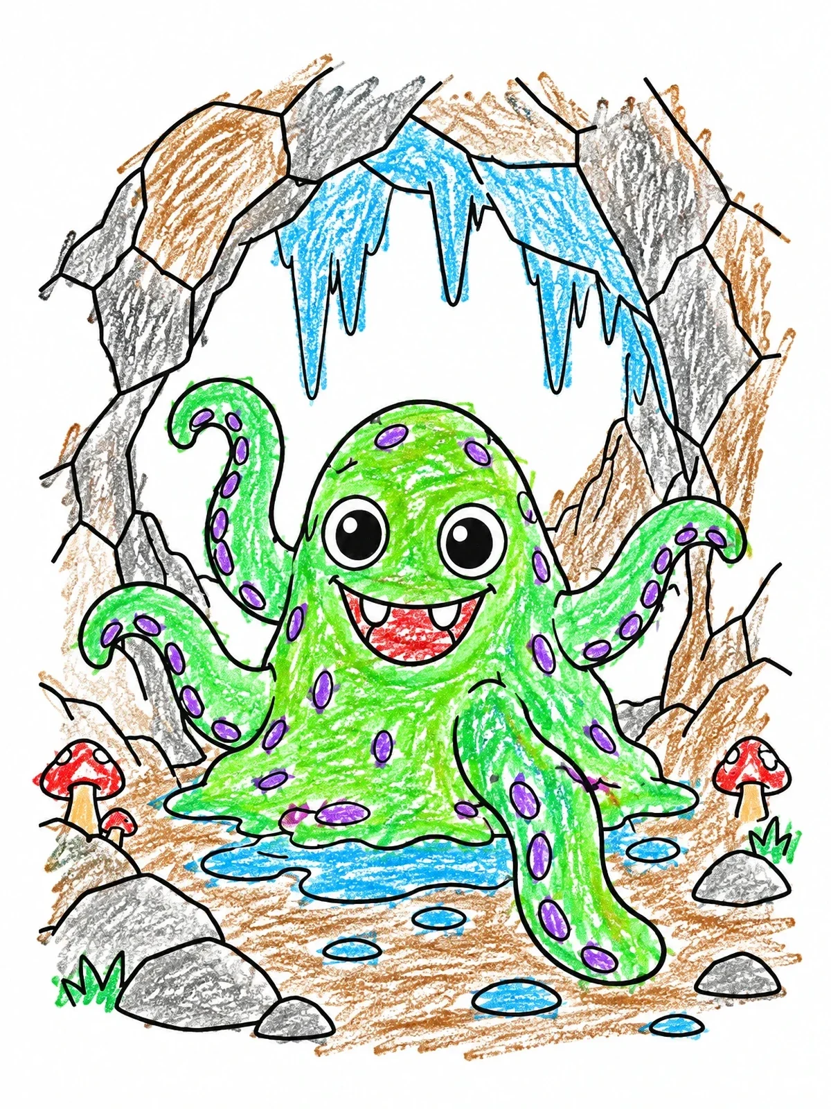 Colored example of the Friendly Slime Monster In Cave coloring page