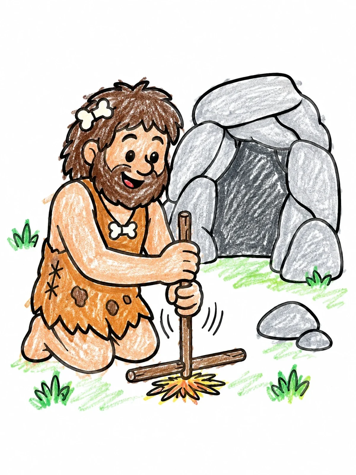 Colored example of the Friendly Caveman Making Fire coloring page