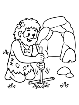 Free printable Friendly Caveman Making Fire coloring page