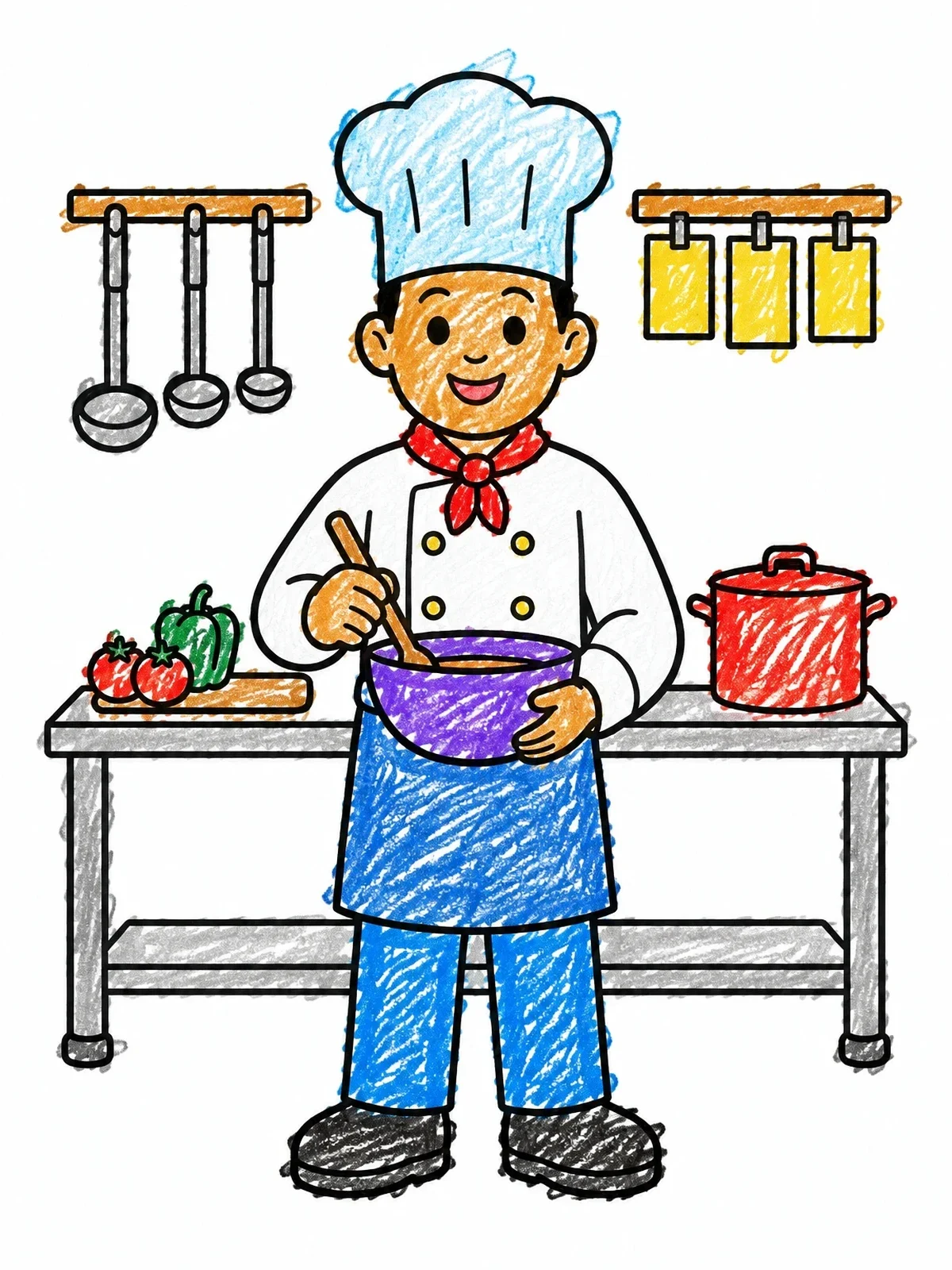 Colored example of the Friendly Chef Mixing Ingredients In Kitchen coloring page